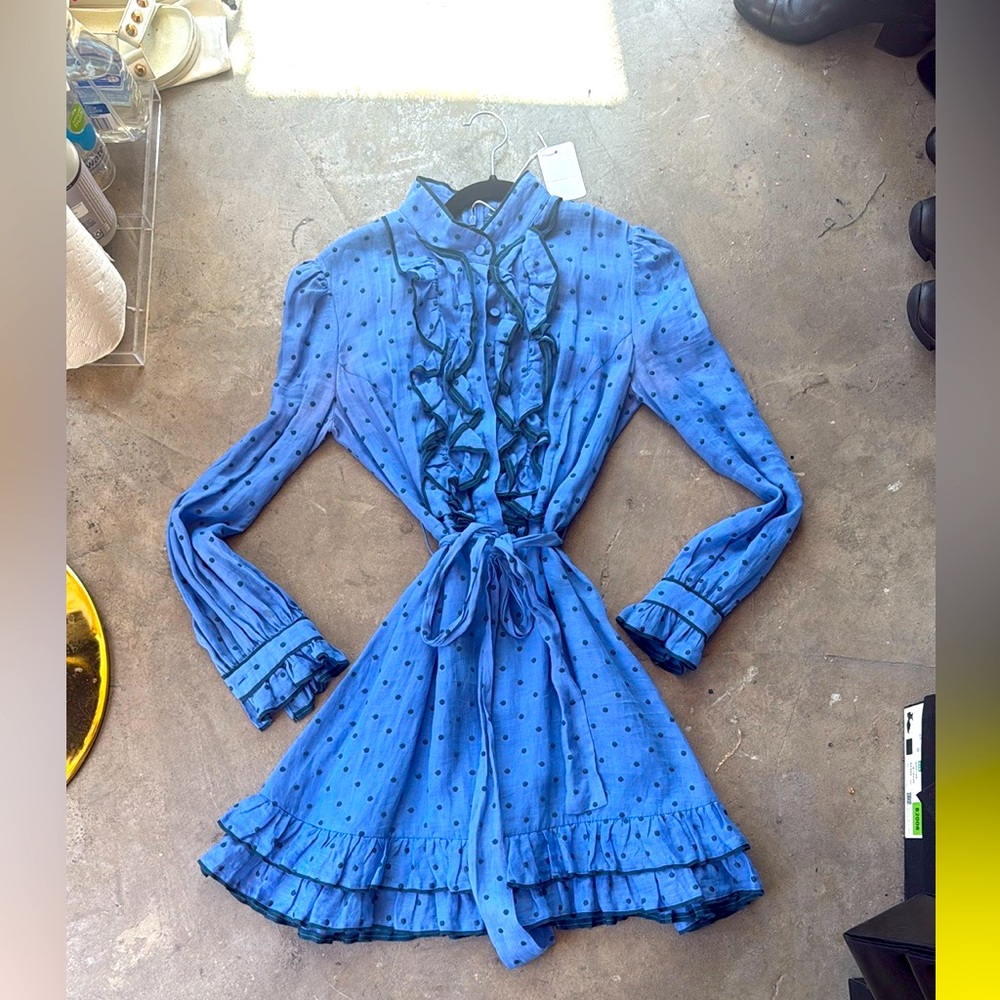 Zimmermann Blue Ruffled Tie Front Lingsleeve Dress /M